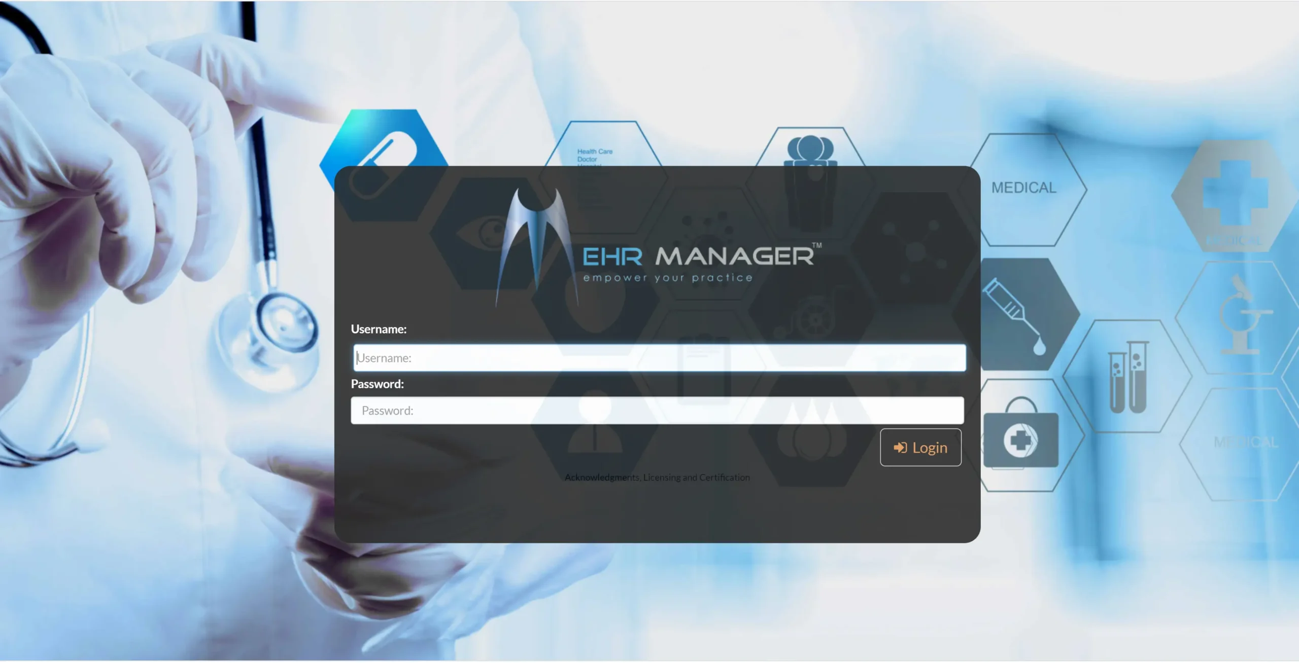 EHR Manager cloud login screen